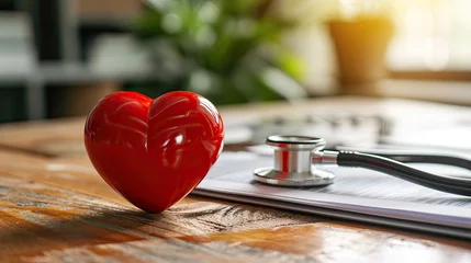 Fotobehang Heart and stethoscope on the table with a medical document, healthy heart concept, image of healthcare and medical institutions © Margo_Alexa