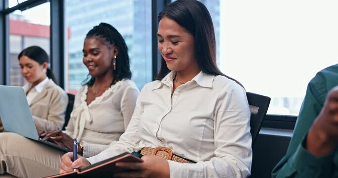 Writing, smile and business woman in workshop or seminar for growth, training and development. Notebook, learning and upskill with happy young employee in office audience for education conference
