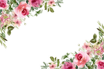 Floral corner bouquet. Watercolor border frame with pink roses and greenery isolated on transparent background. Loose flowers illustration for invitation, wedding or greeting cards. Trendy design
