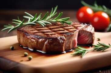 a piece of meat on a wooden board. rosemary steak.
