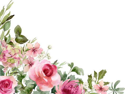 Floral corner bouquet. Watercolor border frame with pink roses and greenery isolated on transparent background. Loose flowers illustration for invitation, wedding or greeting cards. Trendy design
