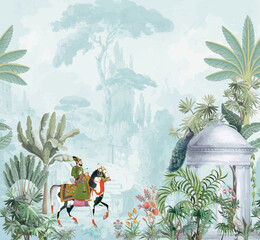 Traditional Greek, Mughal garden emperor riding horse vector illustration pattern for wallpaper.