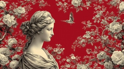 Naklejka premium Divine Elegance. Greek Goddesses, Statues, and Floral Patterns Unite in Exquisite Design