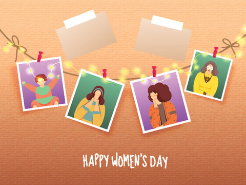 Some Old Memories Pictures of Female Life Cycle Evolution with Lighting Garland and Blank Sticky for Your Message on Orange Brick Wall Background, Happy Women's Day Greeting Card or Poster Design.