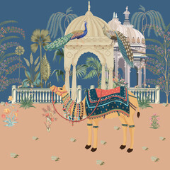 Traditional Mughal camel garden vector pattern illustration - obrazy, fototapety, plakaty