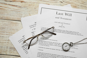 Last Will and Testament, glasses and pocket watch on white wooden table, top view