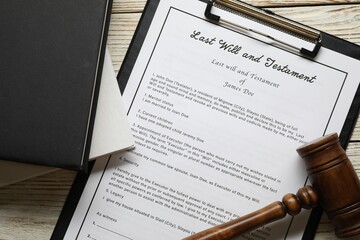 Last Will and Testament, books and gavel on white wooden table, flat lay