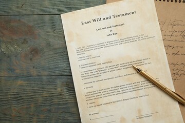 Last Will and Testament, notebook and pen on rustic wooden table, top view. Space for text
