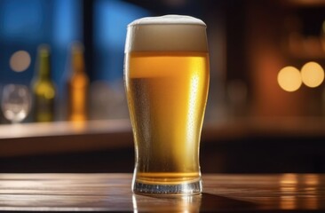 A glass of beer on a dark blurred background. Beer place for text
