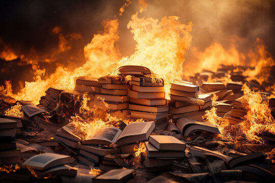 A large pile of books burns with a bright flame. Social problems concept. Generated by artificial intelligence