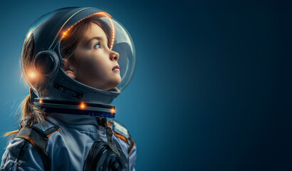 Young girl in a space suit wearing helmet like the cosmonaut isolated on blue background, conceptual of imagination and dream career, generative AI - Powered by Adobe