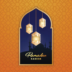 Holy Month of Muslim Community Festival Ramadan Kareem Celebration Concept with Golden Illuminate Lantern Decorate Silhouette Mosque on Yellow Floral Pattern Background.