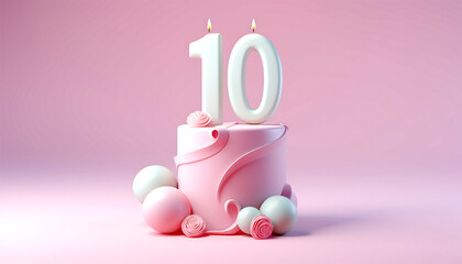 Birthday cake with 10 years anniversary. Cake with burning candles and confetti. Birthday banner. 3D illustration pastel colors Copy space