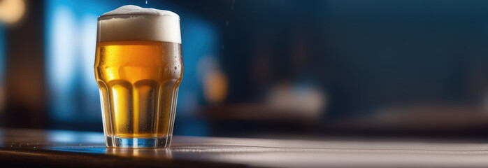 A glass of beer on a dark blurred background. Beer place for text