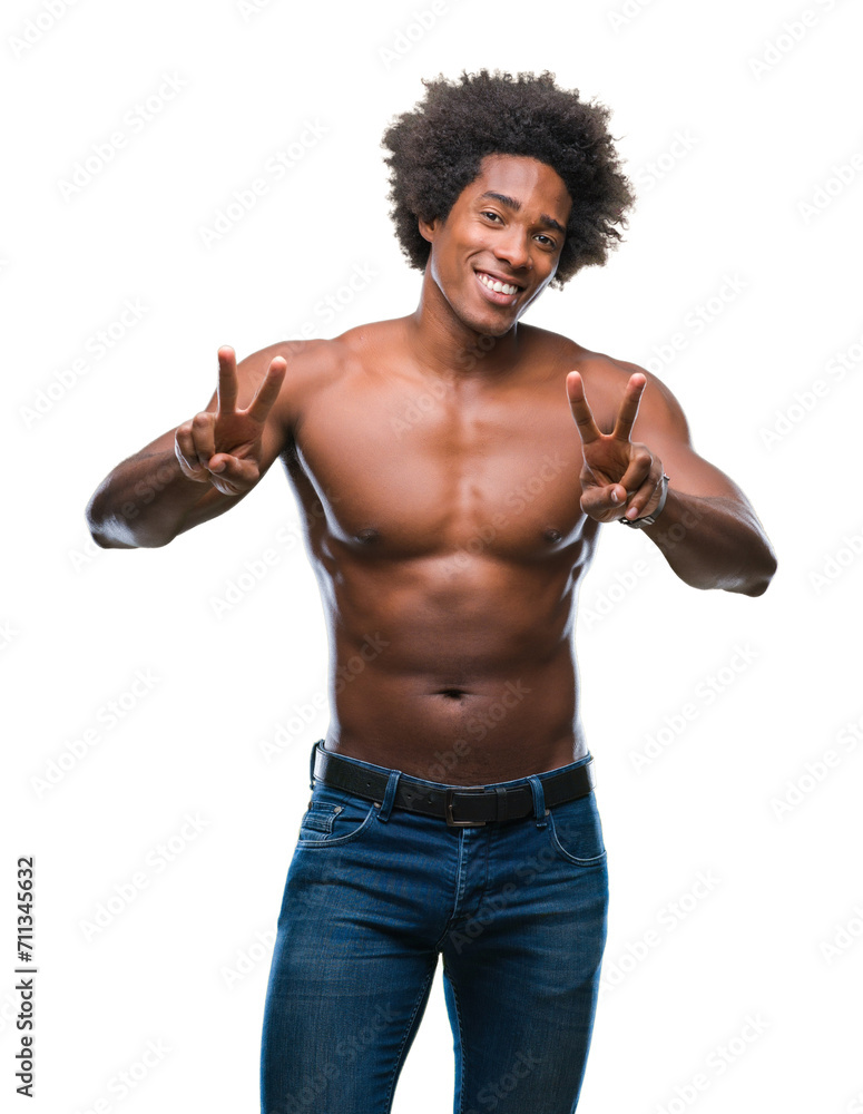 Sticker Afro american shirtless man showing nude body over isolated background smiling looking to the camera showing fingers doing victory sign. Number two.