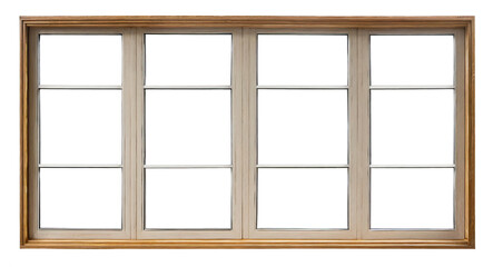 Very aged wooden window frame with cracked paint on it, mounted on a grunge wall. PNG, cutout, or clipping path.	
