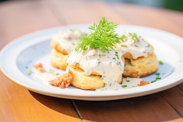 biscuits and gravy on a plate with a parsley garnish