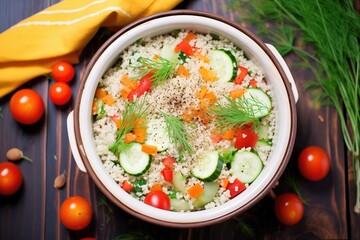 overhead shot of bowl with couscous, tomatoes, cucumbers, and herbs