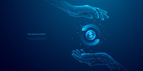 Abstract money exchange. Two hands holding digital coin with circular arrows. Cashback or cash return metaphor. Money transfer or return. Low poly vector illustration with 3D effect on blue background - obrazy, fototapety, plakaty