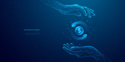 Fotobehang Abstract money exchange. Two hands holding digital coin with circular arrows. Cashback or cash return metaphor. Money transfer or return. Low poly vector illustration with 3D effect on blue background © AntonKhrupinArt