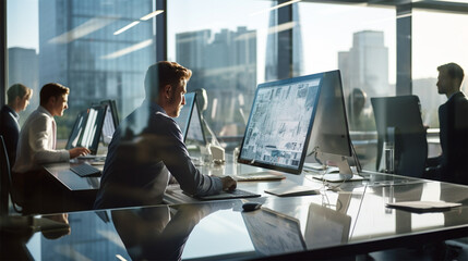 open space in a modern corporate office where business people are working on their laptops. Window reflections. Business and entrepreneurship concept. 