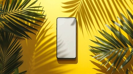 Smartphone mock-up with a white blank screen with a palm leaf shadow isolated on a yellow background at sunset. Creative layout. mockup top view, flat lay