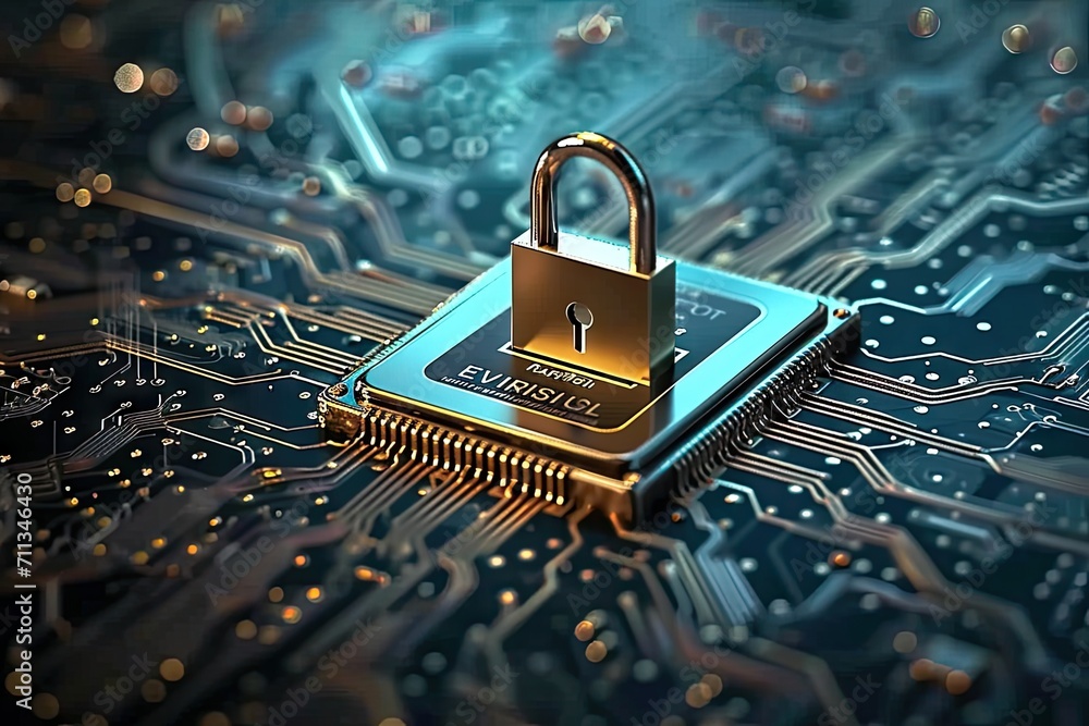Poster digital fortress. evocative image cybersecurity with array of symbolic elements padlocks keys and mo
