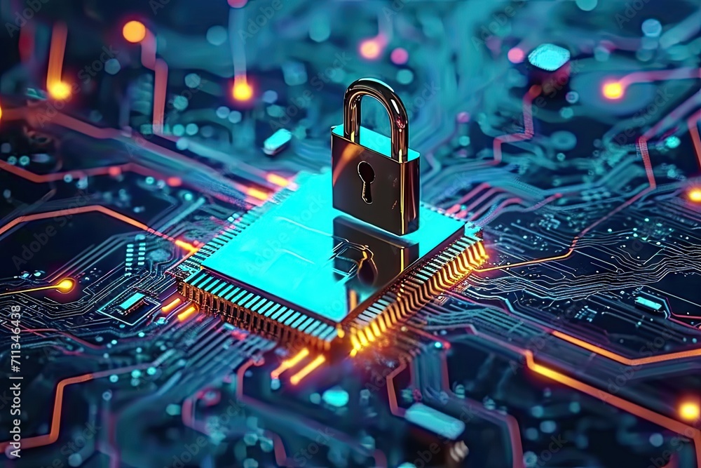 Poster digital fortress. evocative image cybersecurity with array of symbolic elements padlocks keys and mo
