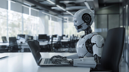A robot working at a modern laptop, new technology allowing artificial intelligence to work at a computer in a bright glass office