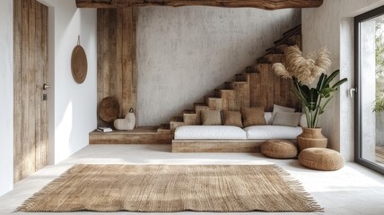 Nordic Beauty. Modern Entrance Hall with Grid Door, Staircase, and Rustic Wooden Accents