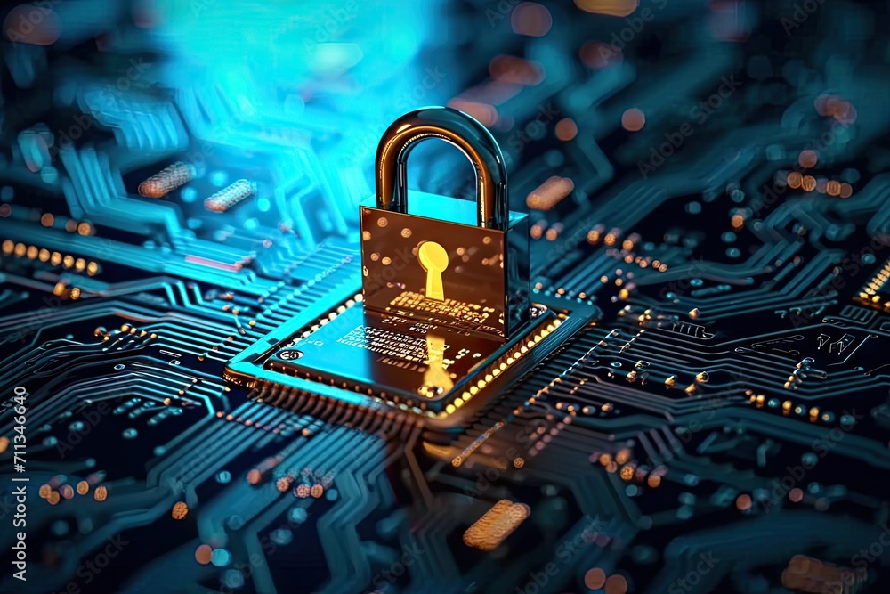 Poster digital fortress. evocative image cybersecurity with array of symbolic elements padlocks keys and mo