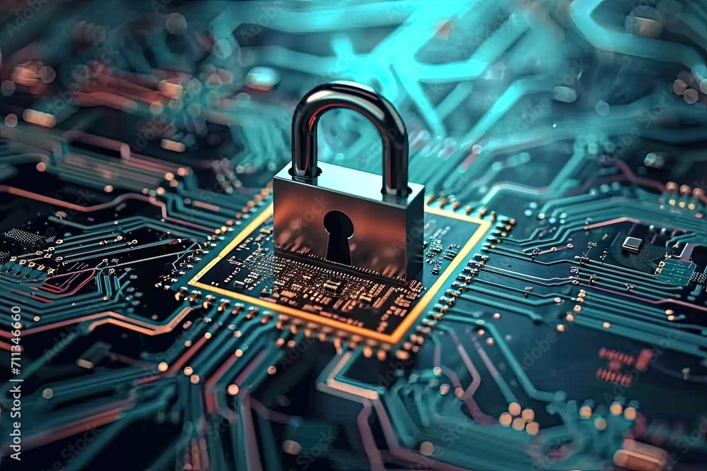 Poster digital fortress. evocative image cybersecurity with array of symbolic elements padlocks keys and mo