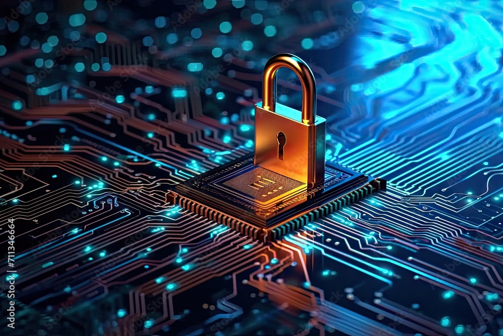Poster digital fortress. evocative image cybersecurity with array of symbolic elements padlocks keys and mo