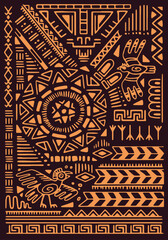 Abstract tribal background, golden ornament. Cultural symbols, traditional elements, geometric forms of Aztec pattern. Ethnic poster, wall art in ancient African style. Flat vector illustration