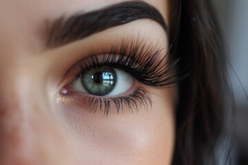 Fototapeta premium Long and beautiful eyelashes on a woman's eye on a soft background. Female beauty concept: care with eyelash extensions or mascara