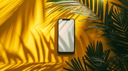 Smartphone mock-up with a white blank screen with a palm leaf shadow isolated on a yellow background at sunset. Creative layout. mockup top view, flat lay