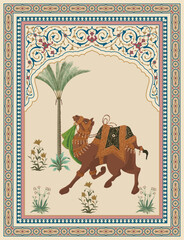 Mughal desert Camel in Arabic vector frame pattern - obrazy, fototapety, plakaty