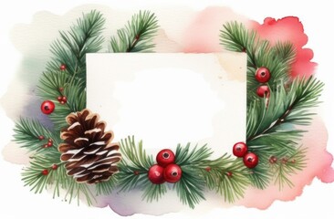 Fototapeta na wymiar Christmas card with fir branches. Watercolor new year's card copyspace