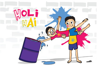 Naughty Boy Picking Up His Friend To Put Him in Barrel Full of Liquid Color against White Brick Wall with Sticker Style Message Holi Hai (It's Holi) Text.