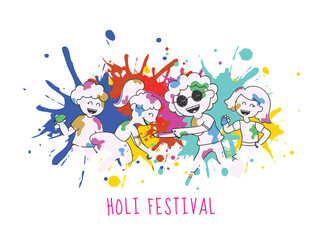 Obraz na płótnie Canvas Doodle Style Illustration of Different Types Playing Holi Children Character for Indian Festival of Colors.