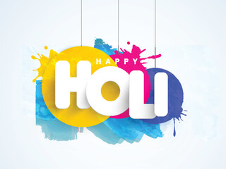 Hanging Happy Holi Message Frame or Tag on Colorful Splash Background for Indian Festival of Colors Celebration Concept.