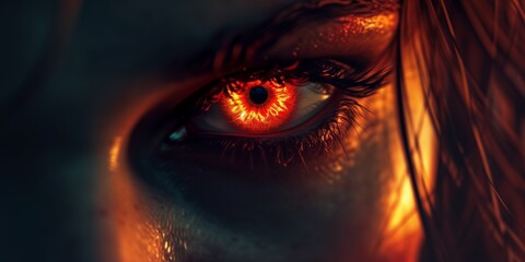 Woman's red eye in the dark. Piercing eyes. Burning demonic eyes. Copy space. Vampire. Fiery Mysterious Eye. Magic, secrecy, mysticism, visual effect. Hypnosis, power of sight. Emotion. Look. Close up