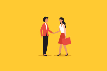 Meeting of businessmen and women. Vector cartoon illustration in a modern flat style of two busness men, women in suits shaking hands.