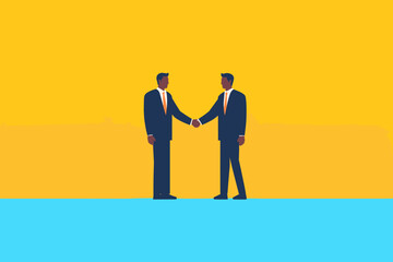 Meeting of businessmen and women. Vector cartoon illustration in a modern flat style of two busness men, women in suits shaking hands. - obrazy, fototapety, plakaty