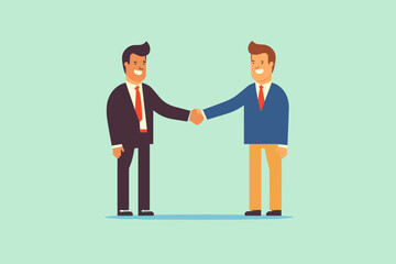 Meeting of businessmen and women. Vector cartoon illustration in a modern flat style of two busness men, women in suits shaking hands.