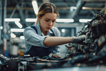 Confident female worker operating high-tech machinery in a modern automotive manufacturing