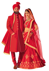 Fototapeta premium Indian wedding couple in traditional attire isolated on transparent background