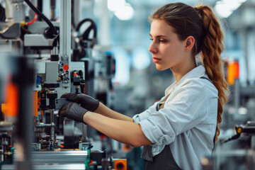 Confident female worker operating high-tech machinery in a modern automotive manufacturing