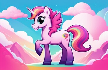pink merry unicorn. pink unicorn on a background of rainbows and clouds	