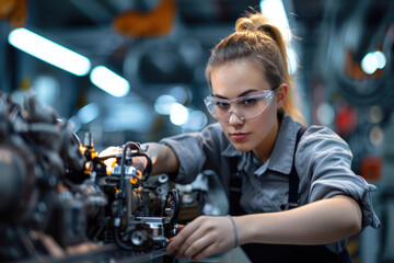 Fototapeta na wymiar Confident female worker operating high-tech machinery in a modern automotive manufacturing